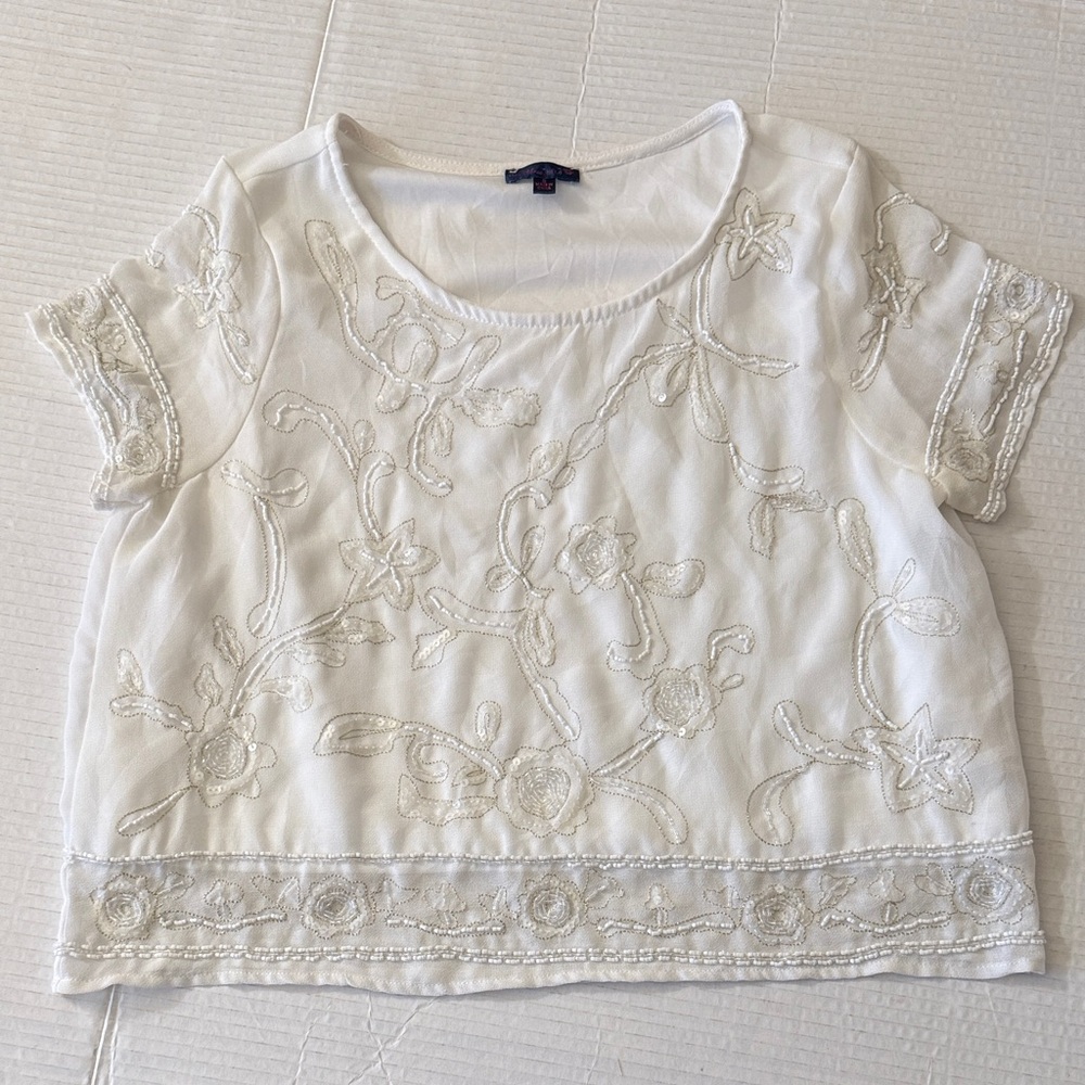Women's Y2K Fairy Beaded Top S White Short Sleeve Blouse Feminine Romantic Retro